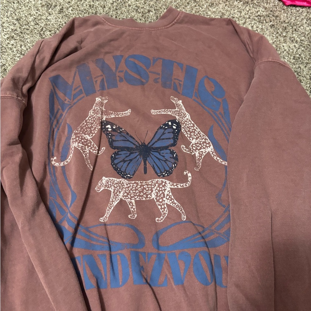 Mystic Long Sleeve Tee - Brown with Blue Butterfly Design